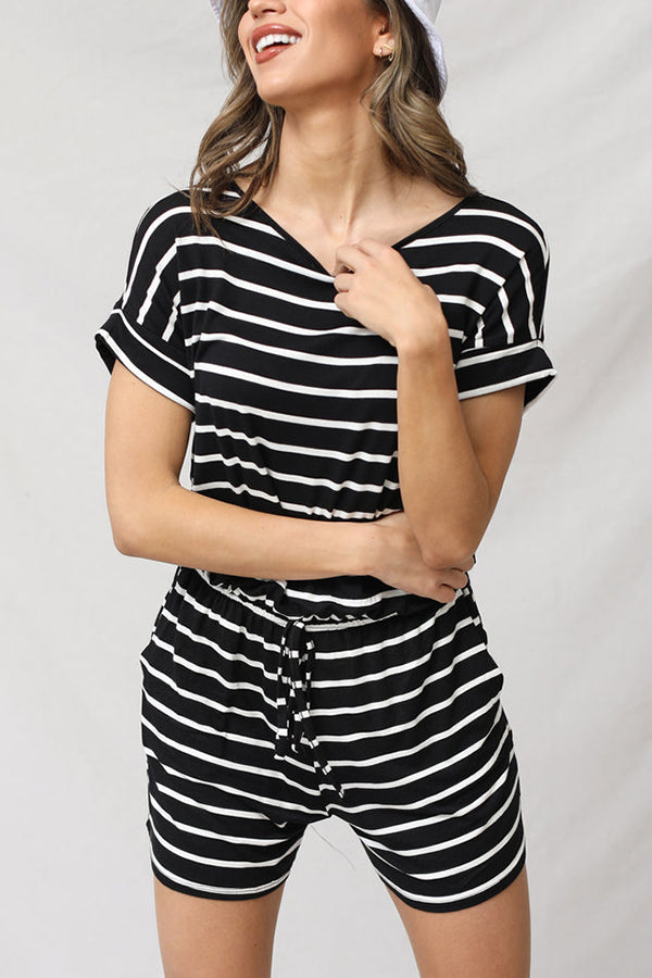Stripe Print Drawstring Waist Casual Romper