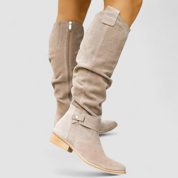 Perforated Suede Slouch Flat Knee High Boots