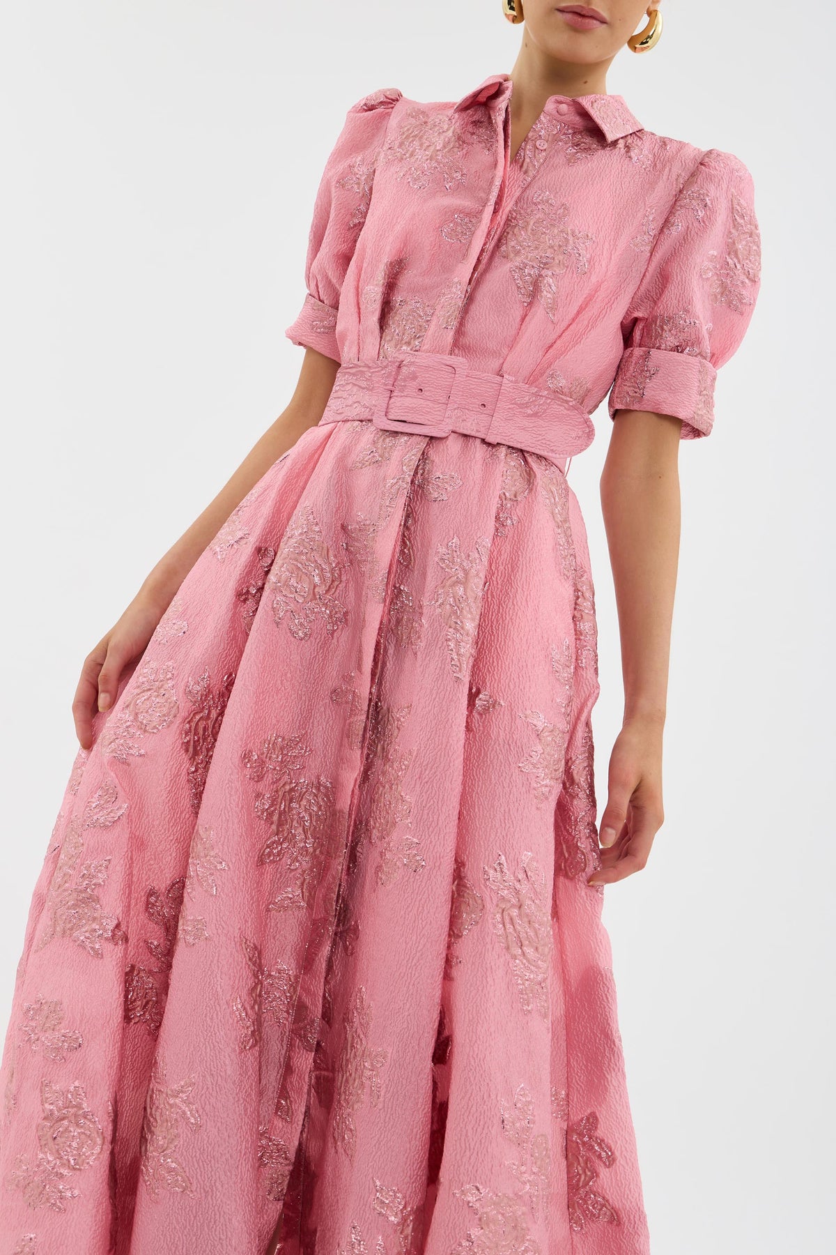 Floral Jacquard Collared Puff Sleeve Belted A-Line Maxi Dress