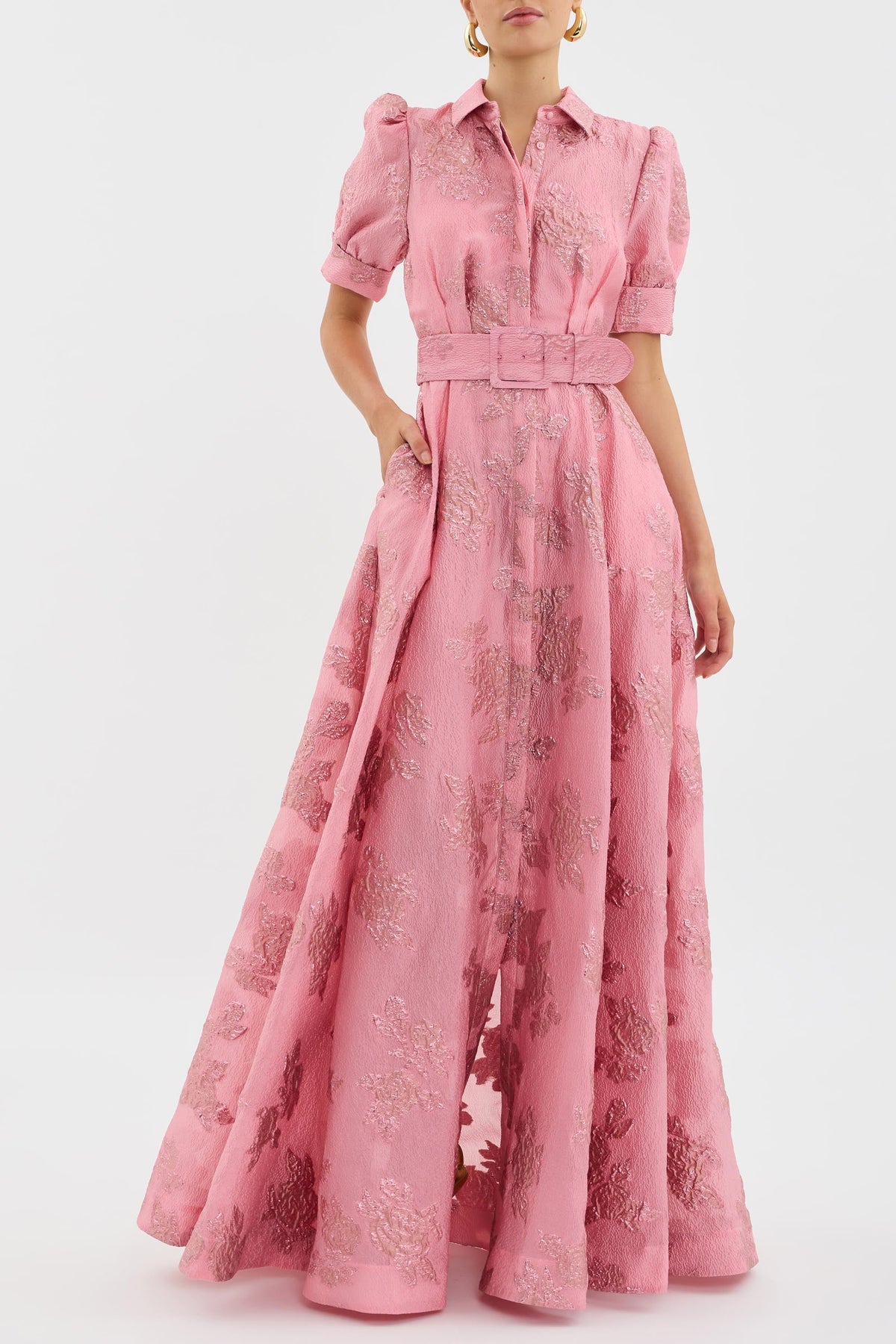 Floral Jacquard Collared Puff Sleeve Belted A-Line Maxi Dress