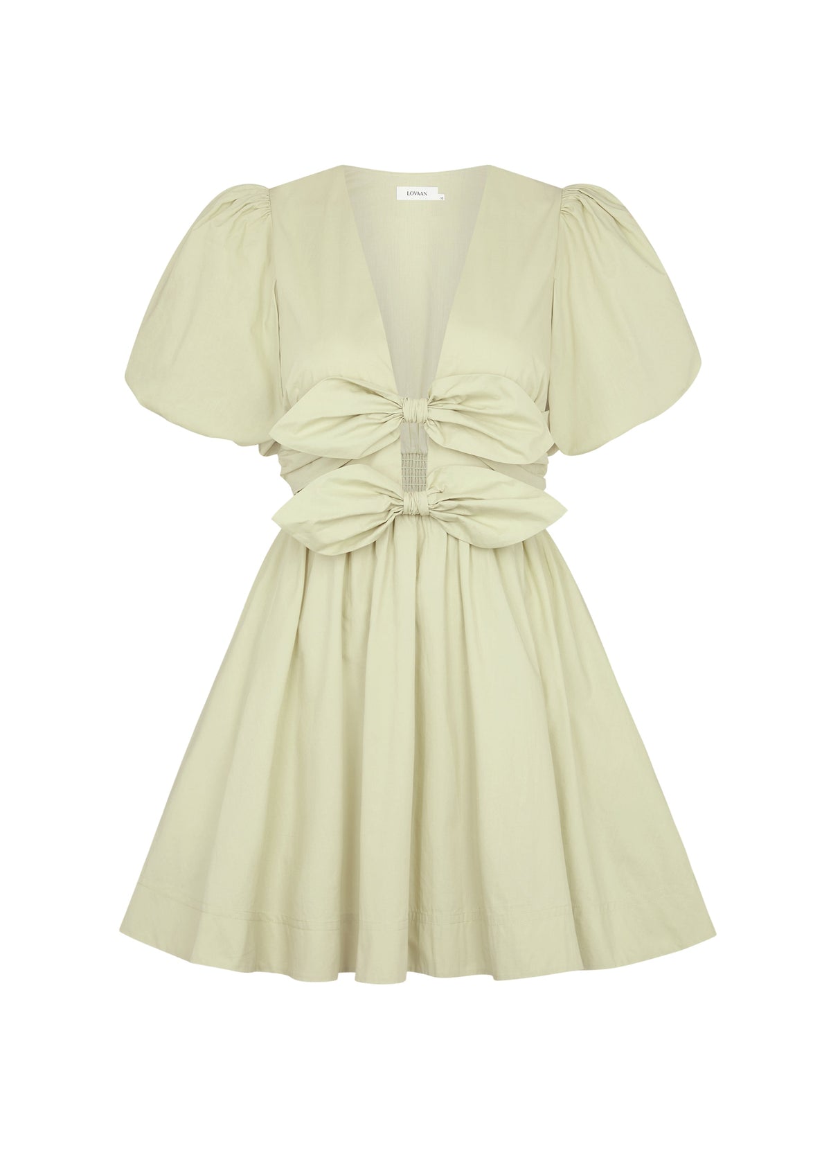 Deep V-Neck Puff Sleeve Bow Front Cut Out Mini Dress 2