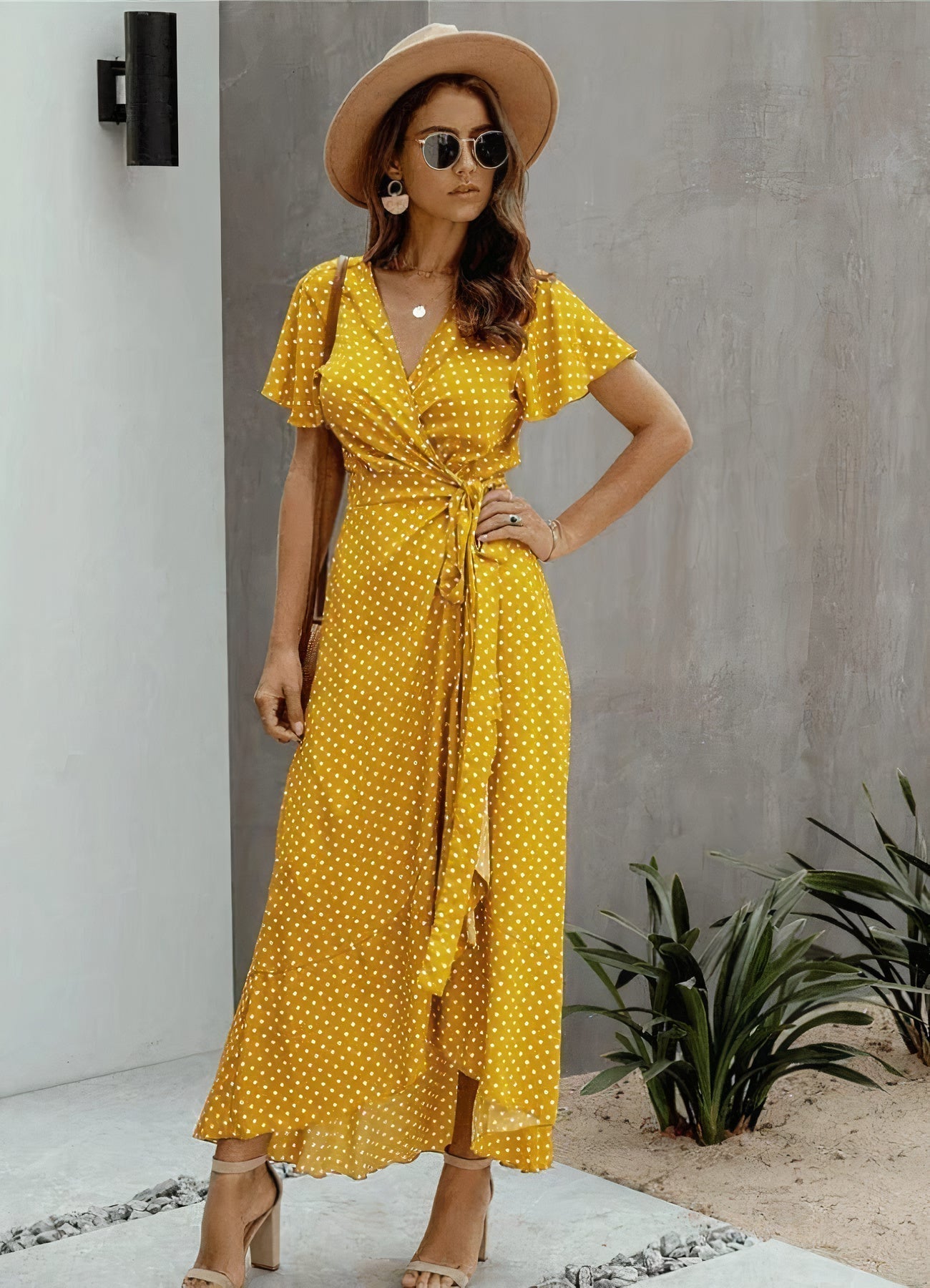 Timeless Victoria Yellow Midi Dress with Polka Dots Designer Edit
