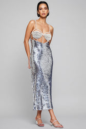 Zeitd Silver Sequin Backless Maxi Dress