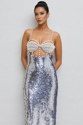 Zeitd Silver Sequin Backless Maxi Dress - View 3