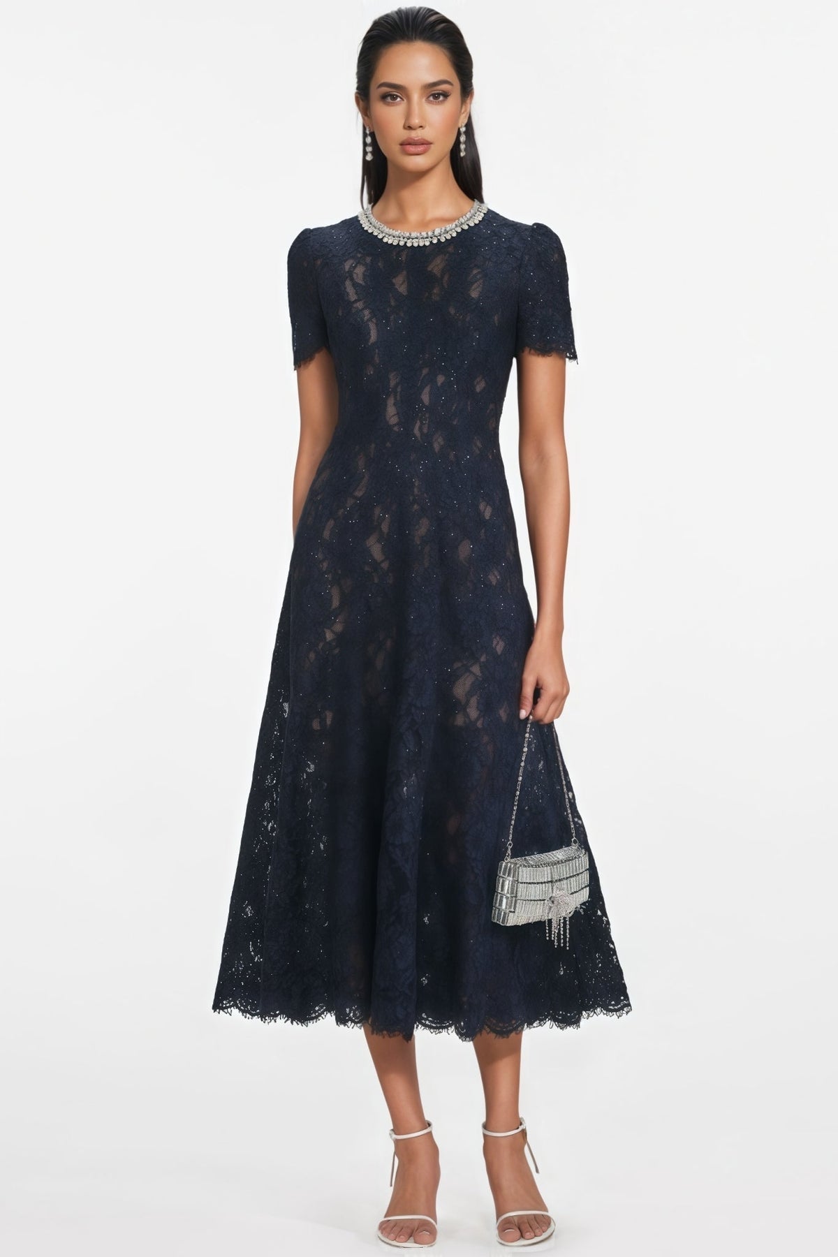 Lace Embellished Crew Neck Short Sleeve Scalloped Hem A-Line Midi Dress