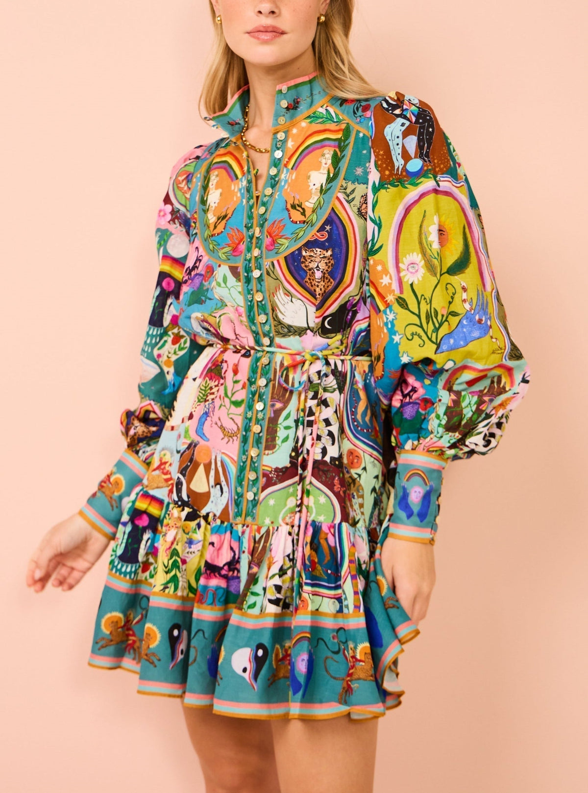 Scenic Print Long Sleeve Button Front Belted Tiered Mini Shirt Dress