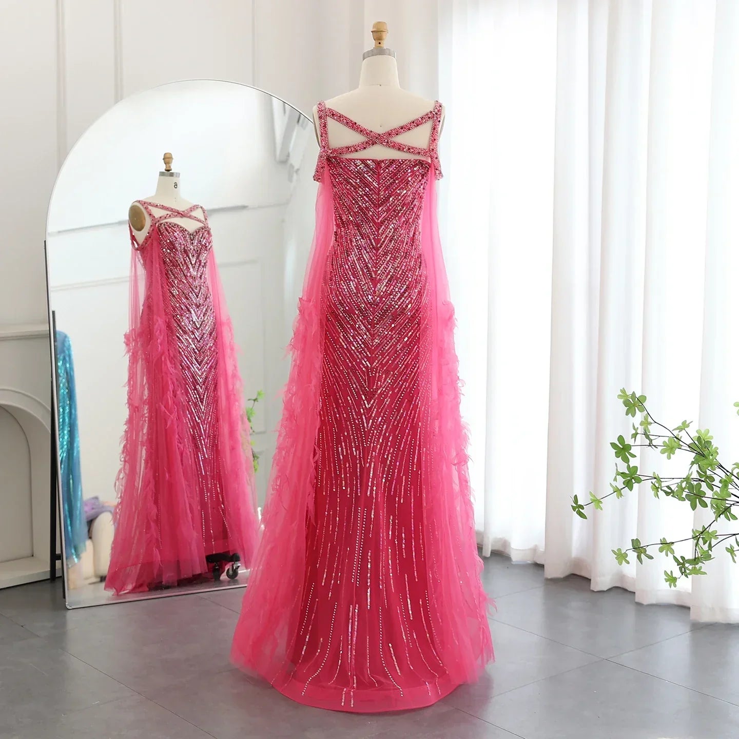 Turquoise Mermaid Evening Gown with Cape Sleeves