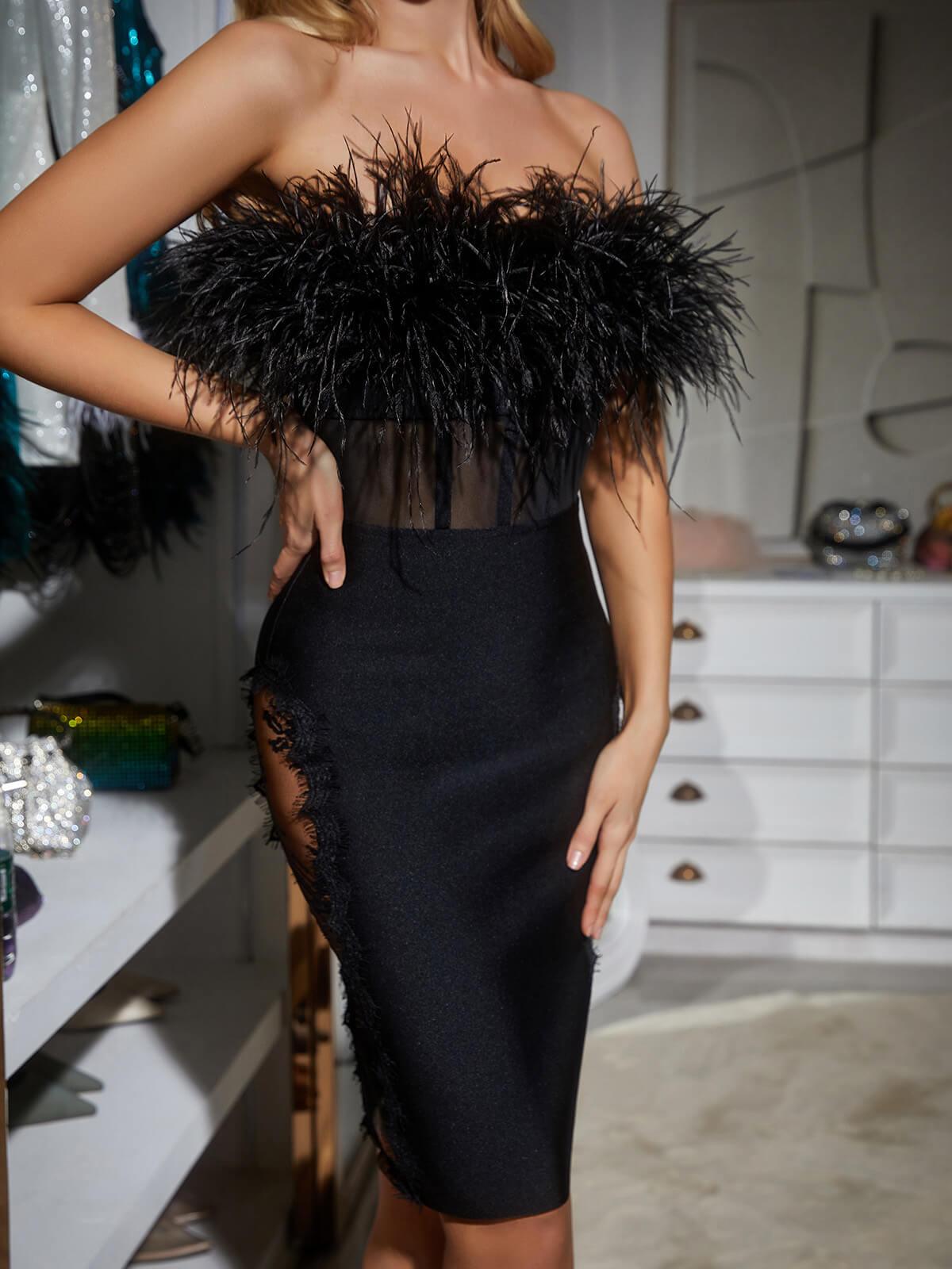 Abby Feather Trimmed Lace Bodycon Dress 5