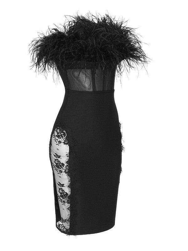 Abby Feather Trimmed Lace Bodycon Dress 7