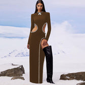 O Black Long Bodyband Sexy Beaded Women’s Cutout Gown Neck Party Celebrity Dress Auburn / Xs