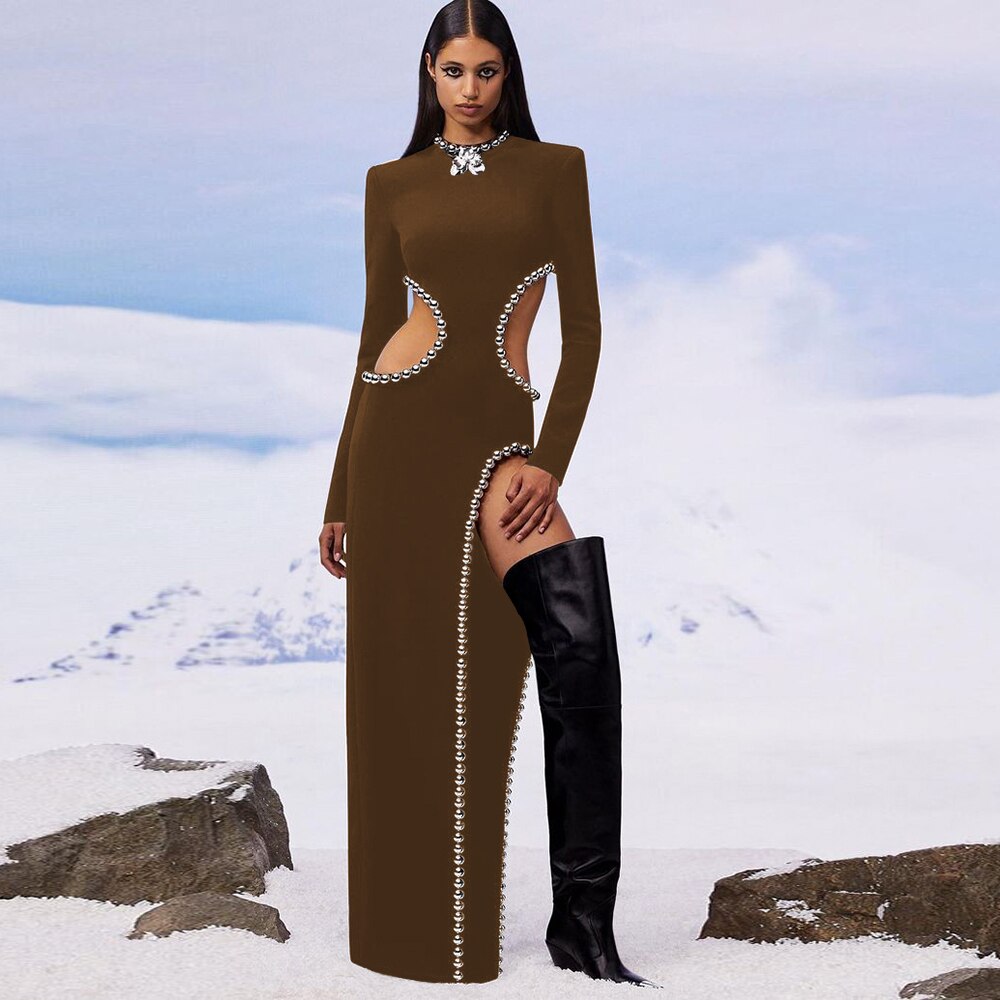 Mock Neck Long Sleeve Studded Cut Out High Split Maxi Dress 6