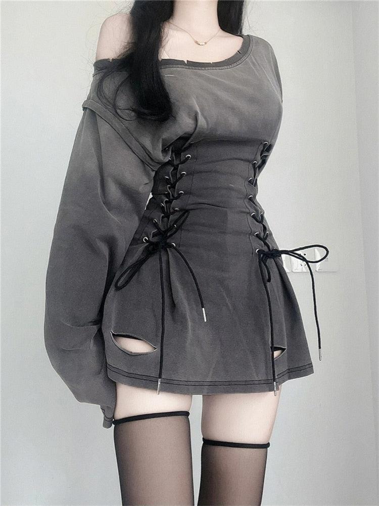 Off Shoulder Long Sleeve Lace Up Waist Distressed Cut Out Mini Dress 2