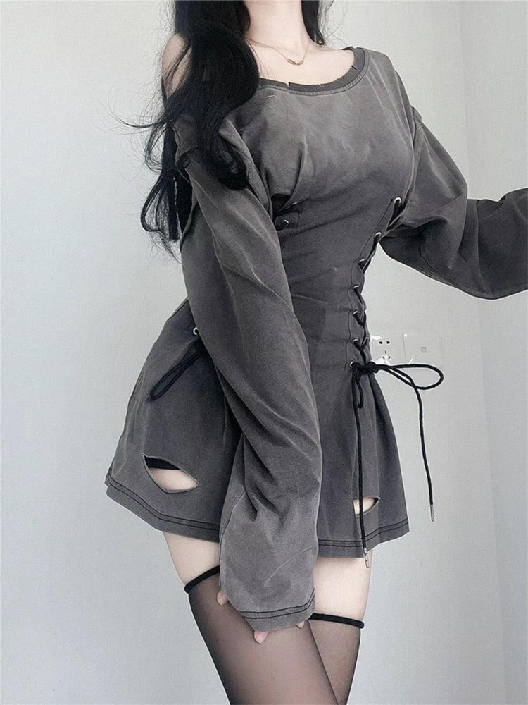 Off Shoulder Long Sleeve Lace Up Waist Distressed Cut Out Mini Dress 3