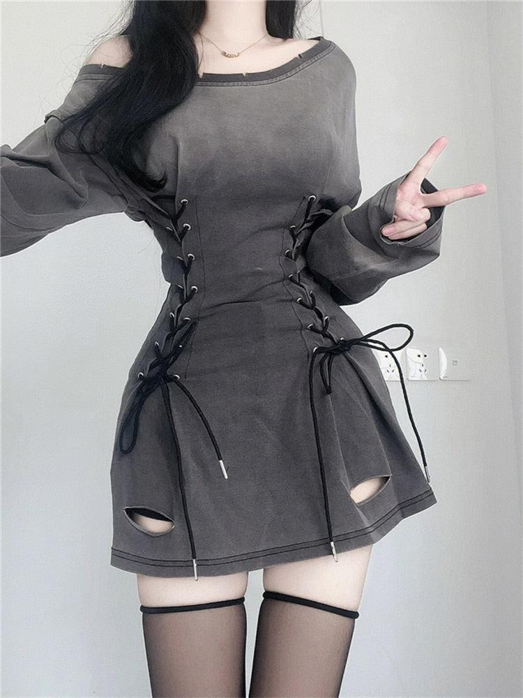 Off Shoulder Long Sleeve Lace Up Waist Distressed Cut Out Mini Dress