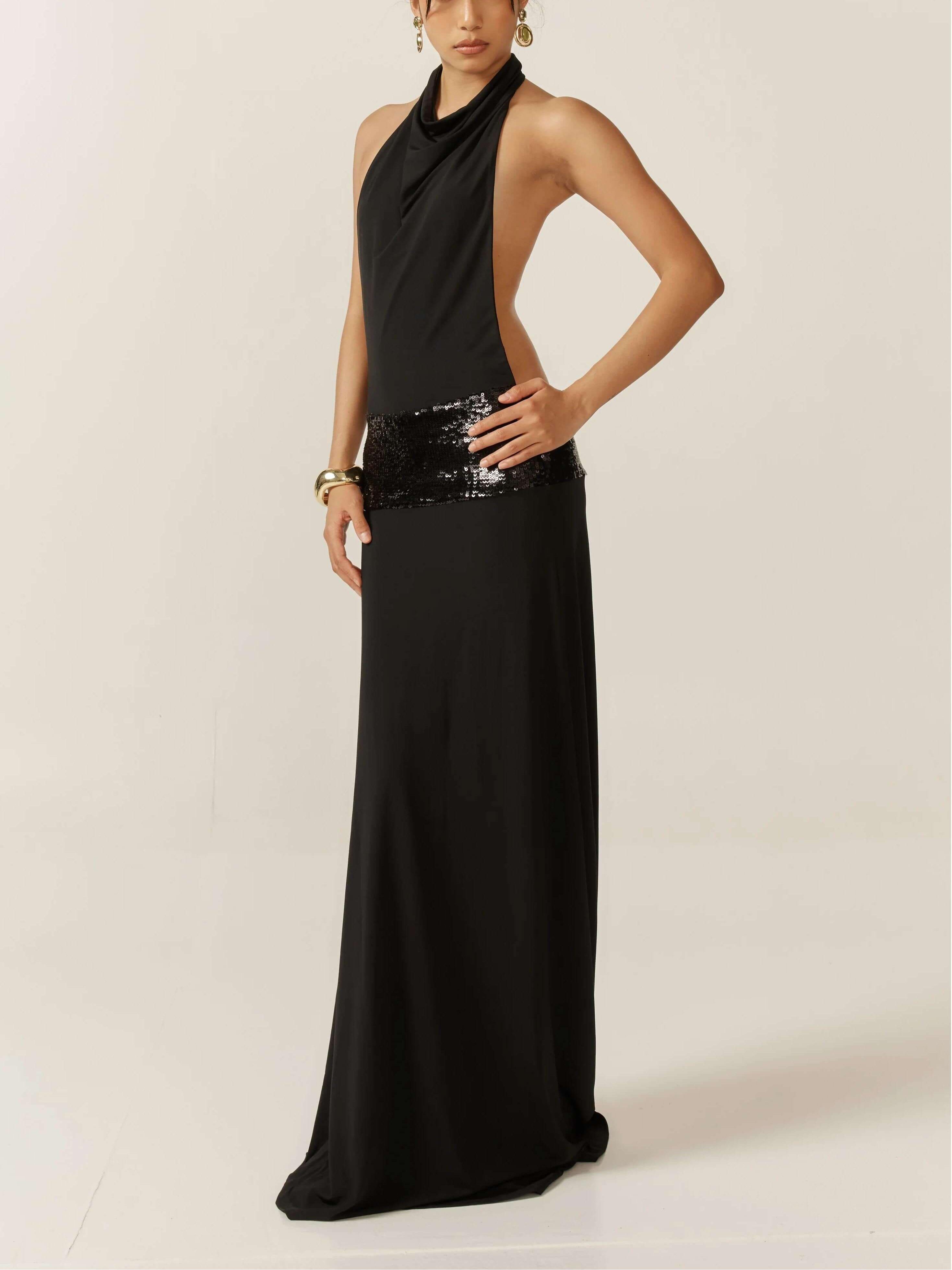 Halter Cowl Neck Backless Sequin Band Dropped Waist Maxi Gown