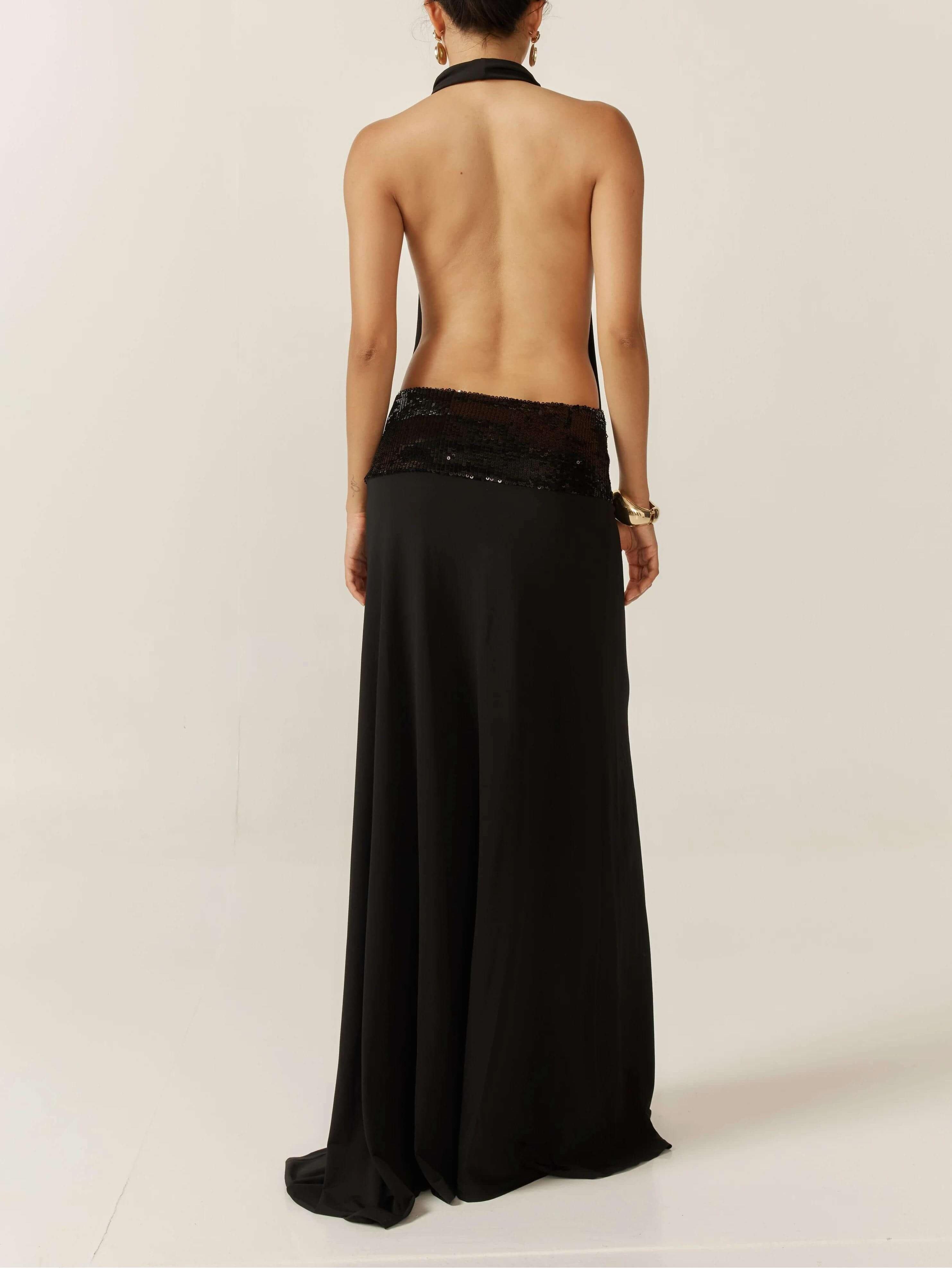 Halter Cowl Neck Backless Sequin Band Dropped Waist Maxi Gown