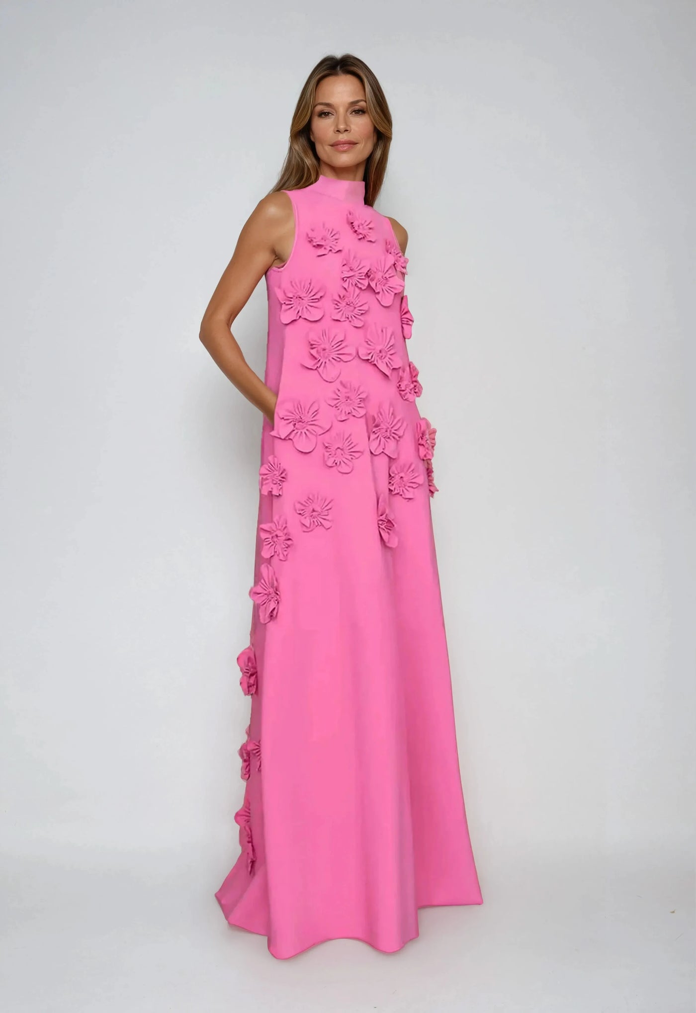 Floral Appliqué High Neck Sleeveless Maxi Dress