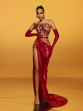 Strapless Metallic Flower Maxi Dress In Red