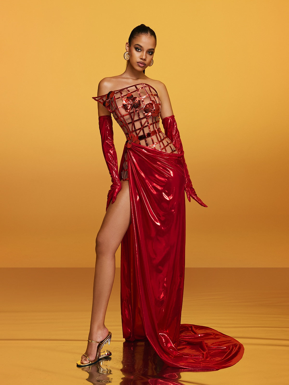 Strapless Metallic Flower Maxi Dress In Red - View 3