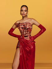 Strapless Metallic Flower Maxi Dress In Red - View 5