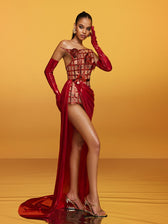 Strapless Metallic Flower Maxi Dress In Red - View 2