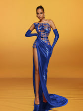 Strapless Metallic Flower Maxi Dress In Blue - View 2