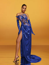 Strapless Metallic Flower Maxi Dress In Blue - View 3