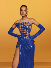 Strapless Metallic Flower Maxi Dress In Blue - View 5