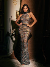 High Neck Rhinestone Cutout Maxi Dress