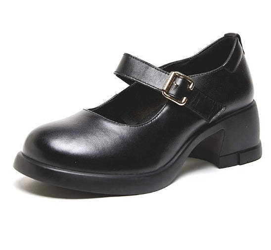 Round Toe Buckle Strap Platform Block Heel Mary Jane Pumps