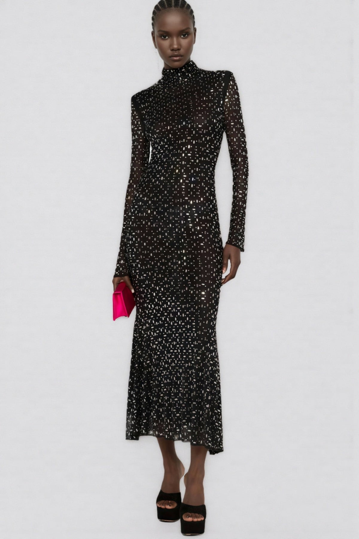 Mock Neck Long Sleeve Rhinestone Sheer Mesh Fishtail Midi Dress