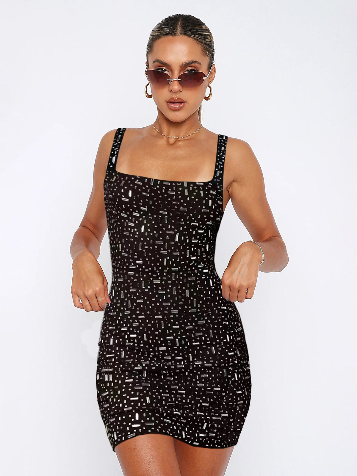 Rhinestone Embellished Square Neck Sleeveless Bodycon Mini Dress
