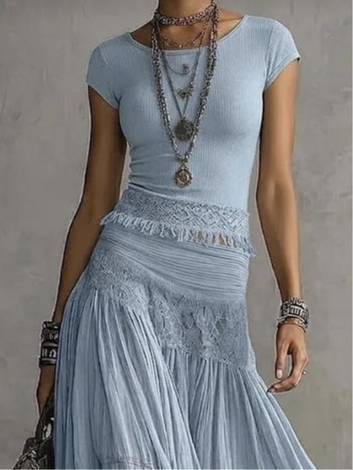 Short Sleeve Top and Lace Panel Tiered Maxi Skirt Two Piece Set