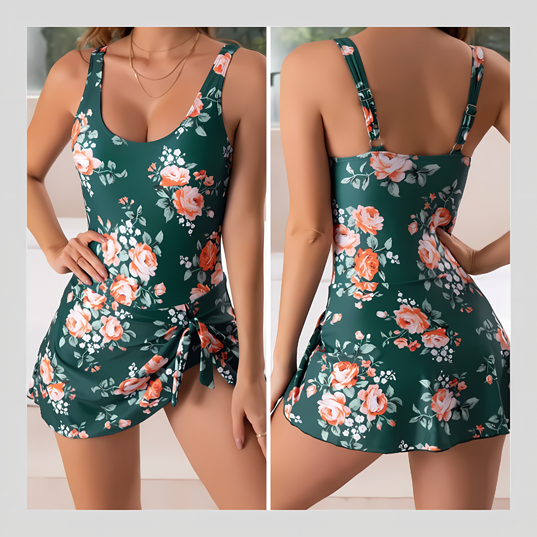 Floral Print Scoop Neck One Piece Swim Dress