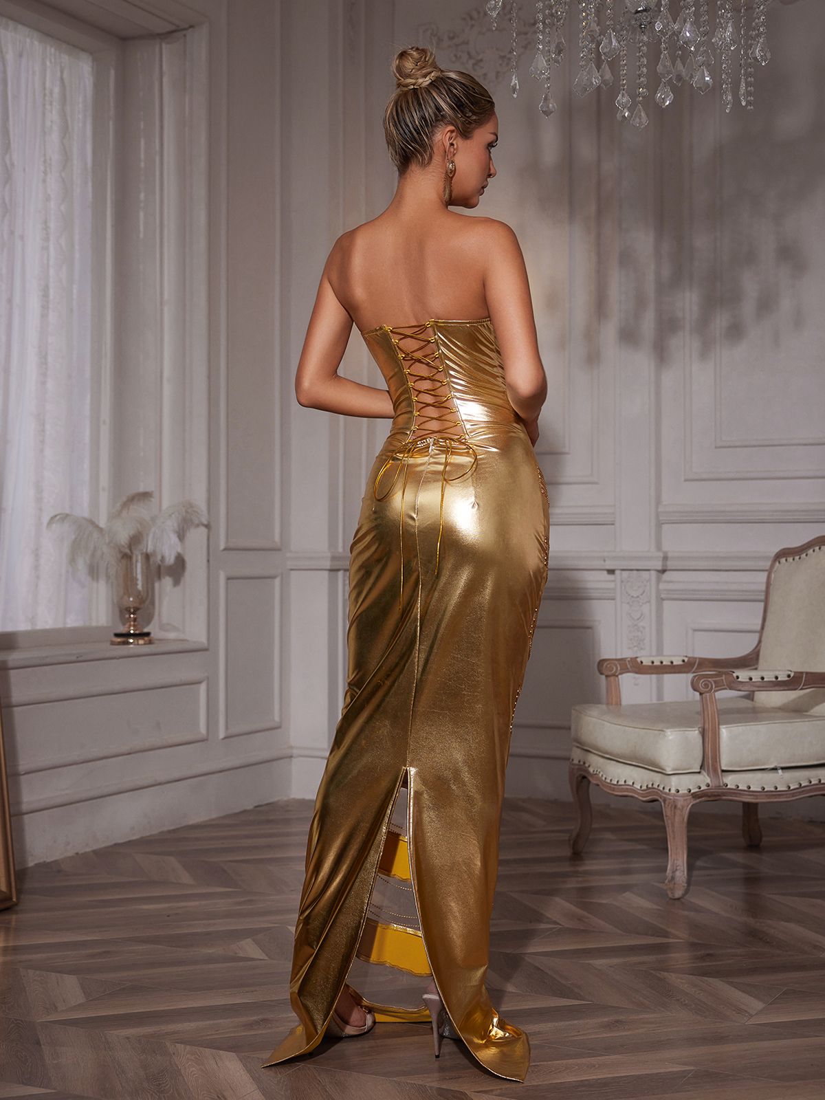 Strapless Corset Chain Wrapped Maxi Dress - View 6