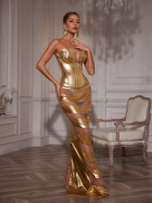 Strapless Corset Chain Wrapped Maxi Dress - View 5