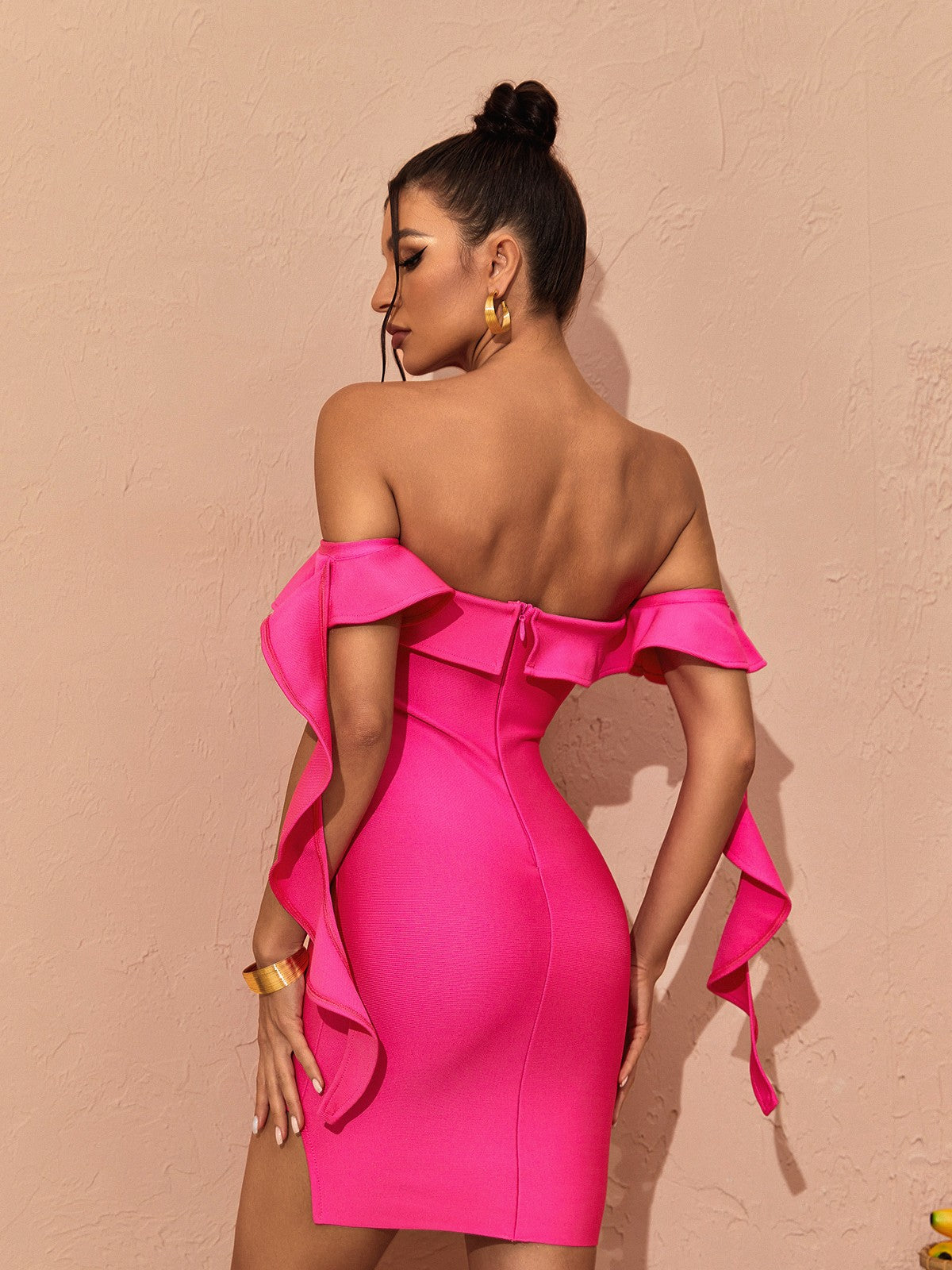 Alivia Off Shoulder Ruffle Bandage Dress In Hot Pink 5