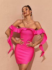 Alivia Off Shoulder Ruffle Bandage Dress In Hot Pink 2