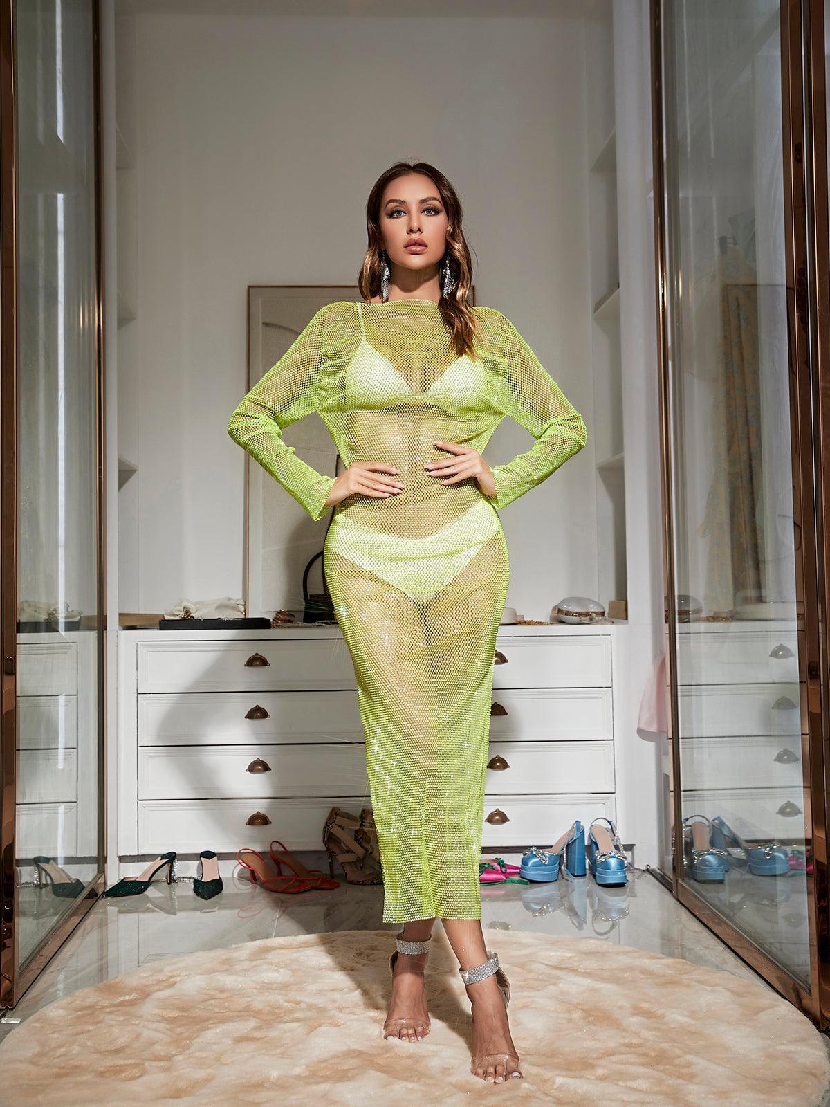 Aliza Long Sleeve Mesh Diamond Maxi Dress In Green 2