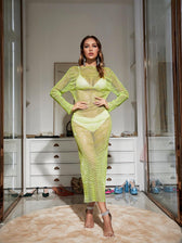 Aliza Long Sleeve Mesh Diamond Maxi Dress In Green 2