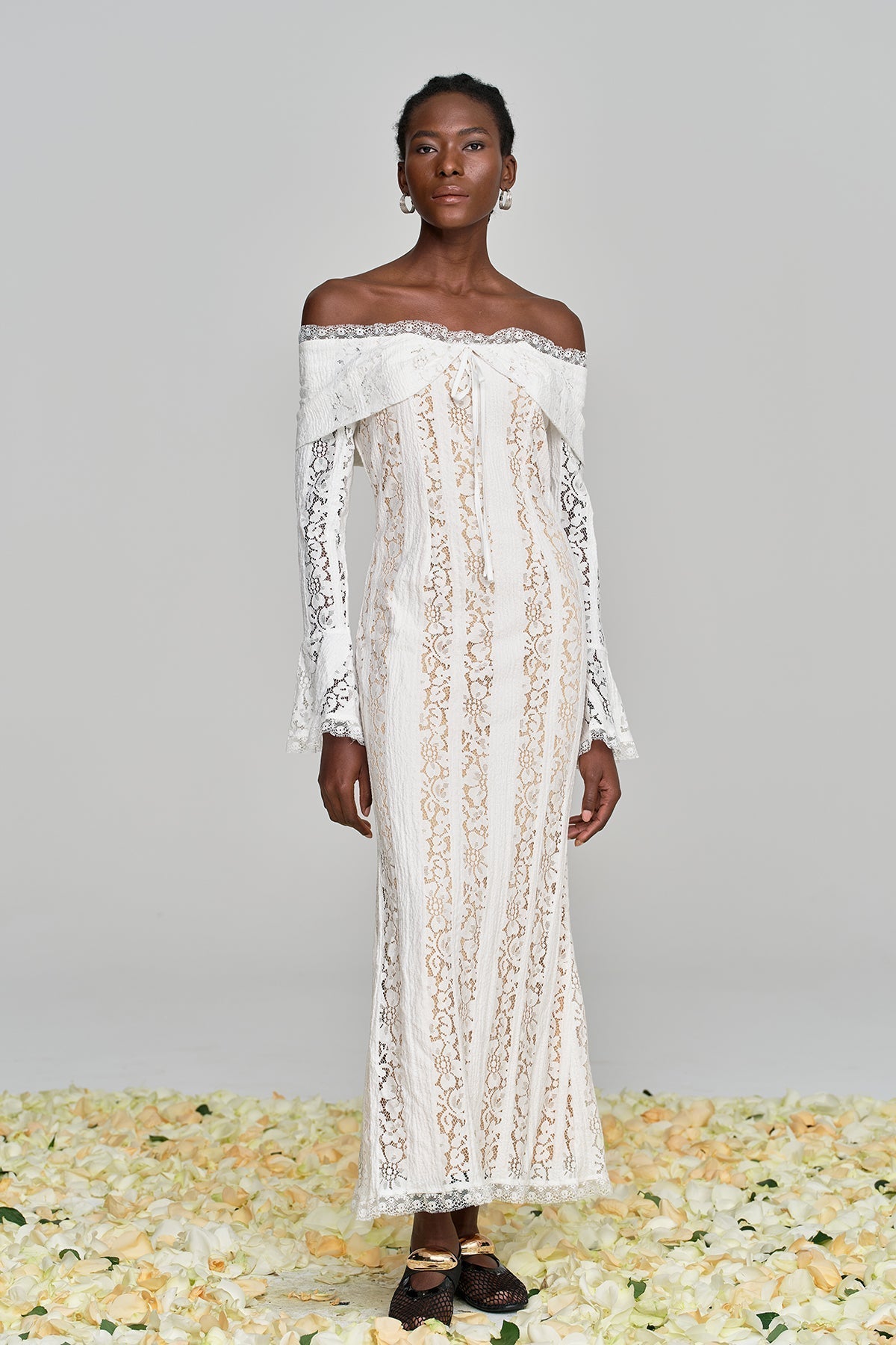 Off Shoulder Long Sleeve Tie Front Lace Panel Fishtail Maxi Gown 6