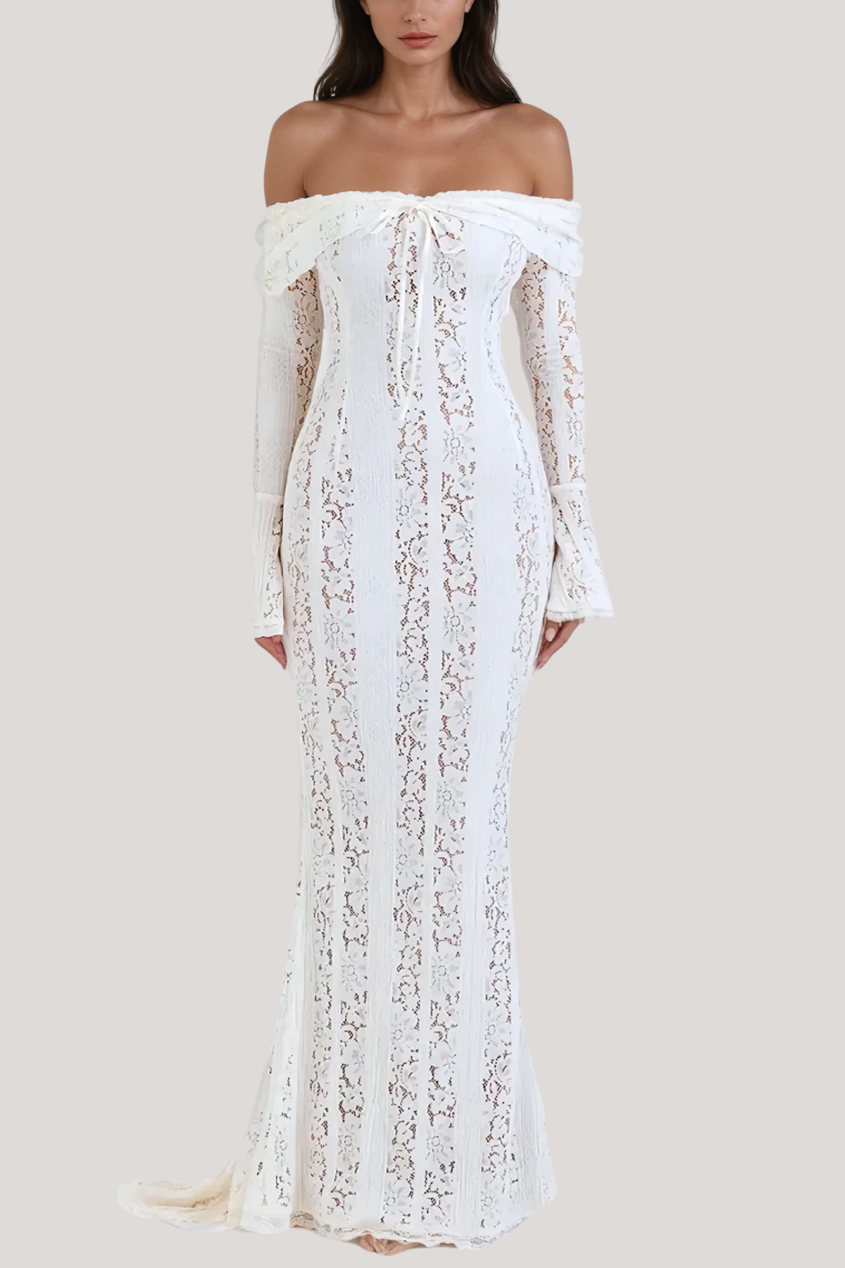 Off Shoulder Long Sleeve Tie Front Lace Panel Fishtail Maxi Gown