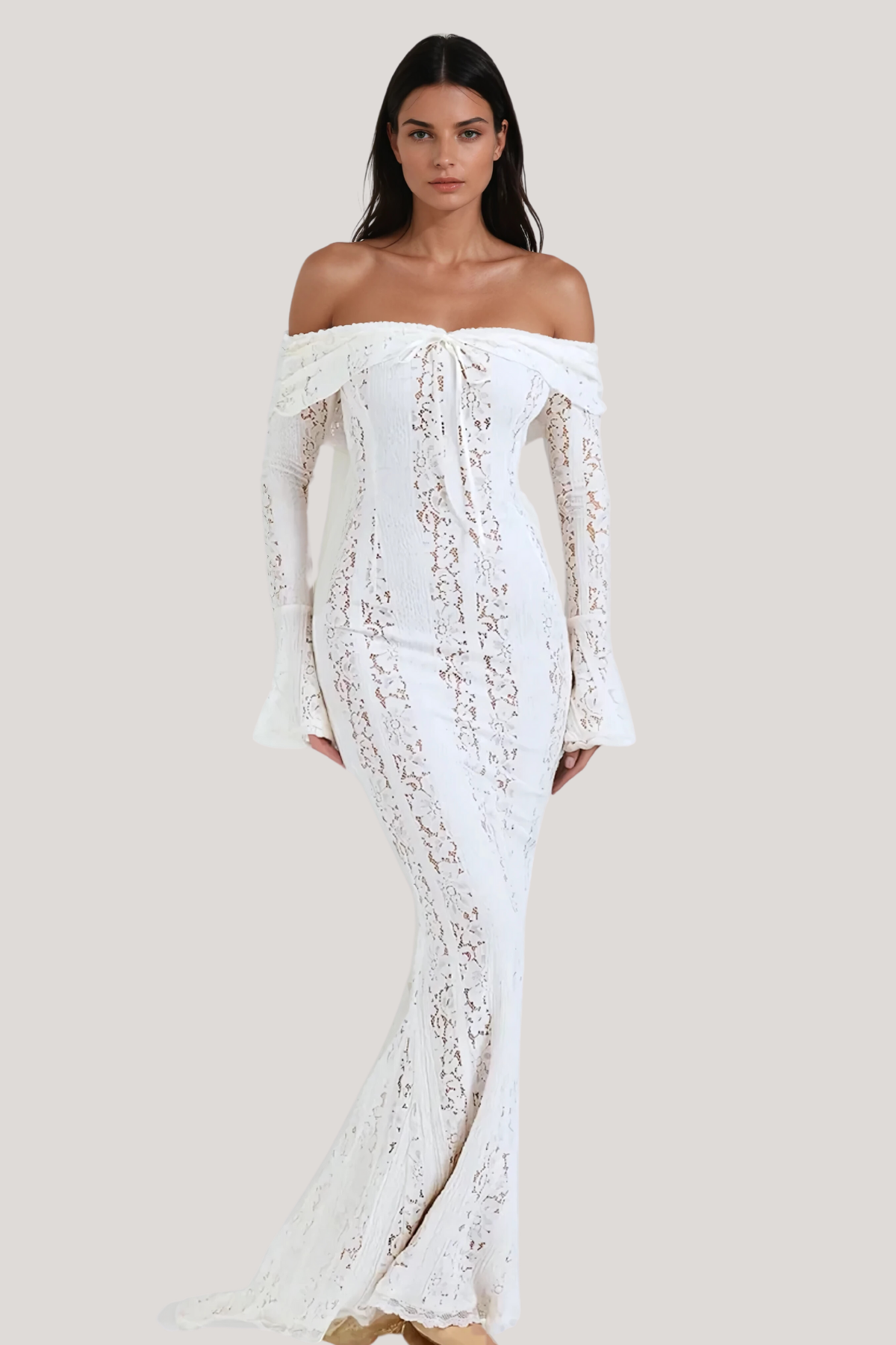 Off Shoulder Long Sleeve Tie Front Lace Panel Fishtail Maxi Gown 3