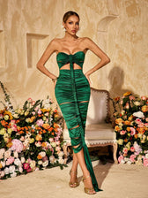 Strapless Cutout Draped Satin Midi Dress - View 3