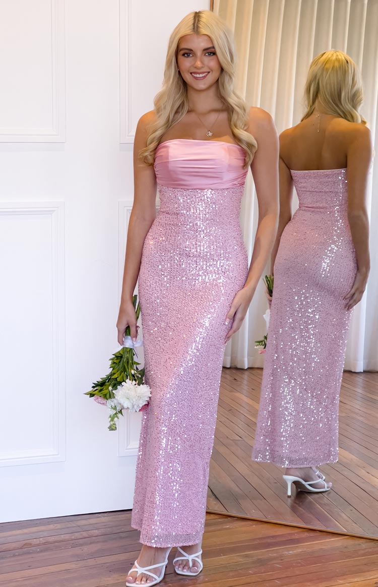 Sequin Strapless Satin Bust Column Maxi Dress 7
