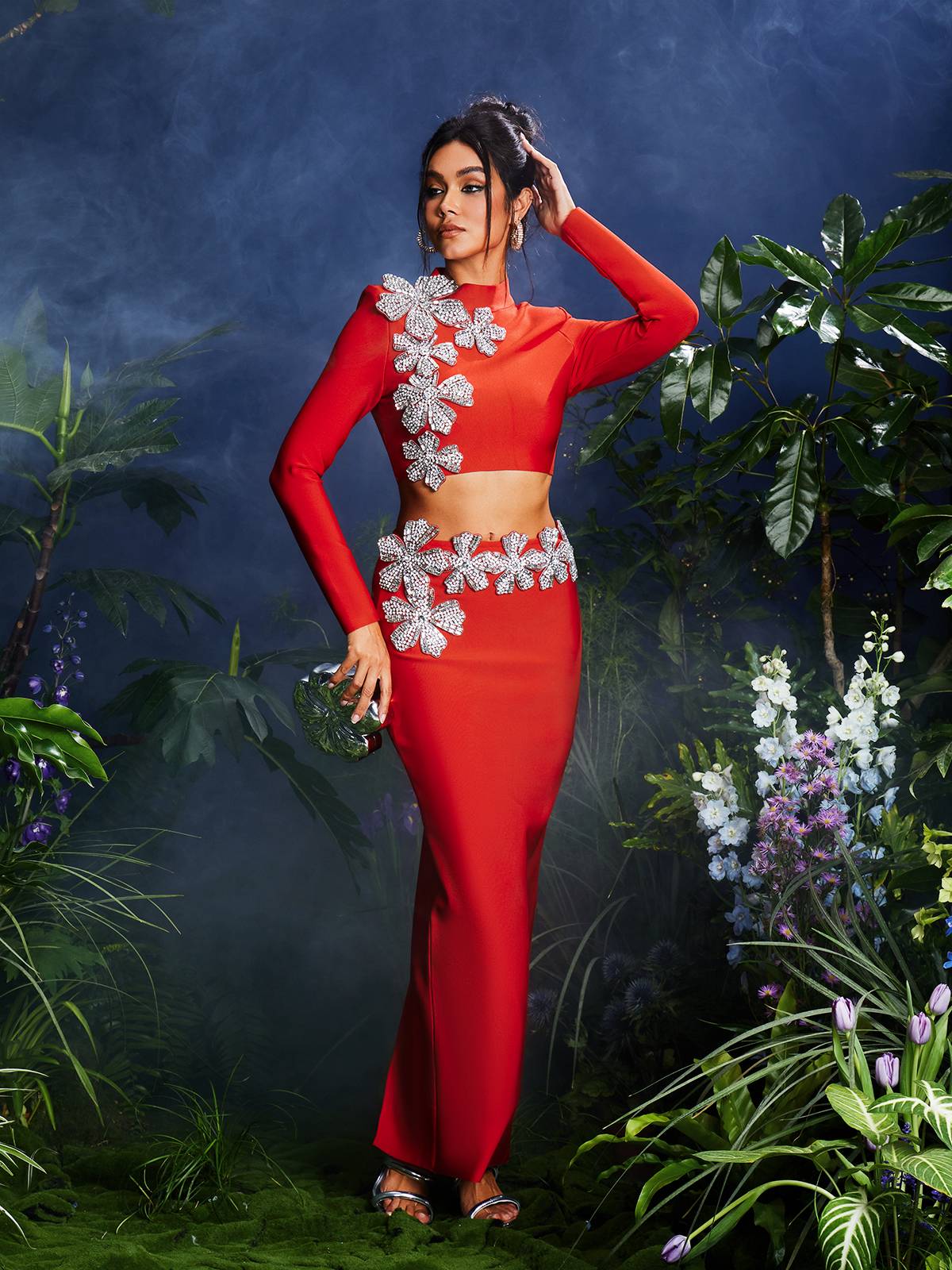 Long Sleeve Flower Bandage Skirt Set In Red