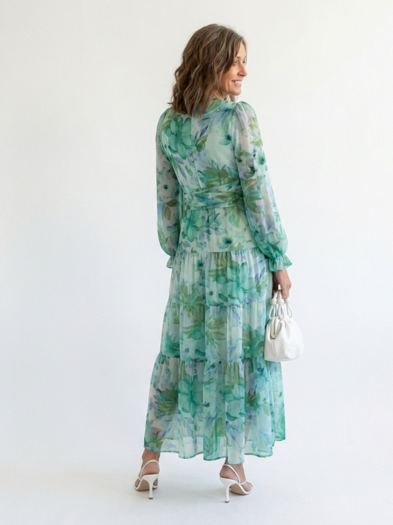 Floral V-Neck Long Sleeve Tiered Maxi Dress