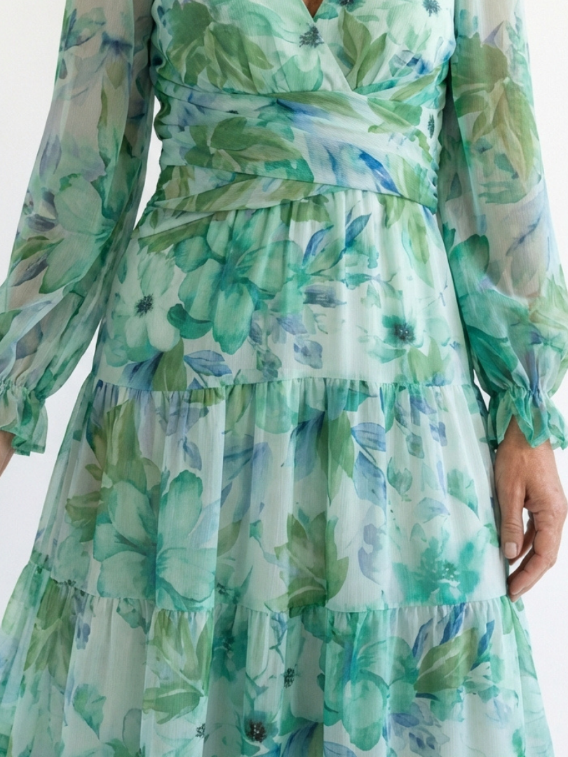 Floral V-Neck Long Sleeve Tiered Maxi Dress
