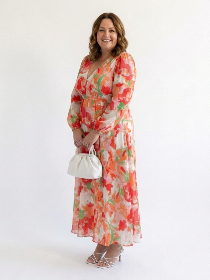 Floral V-Neck Long Sleeve Tiered Maxi Dress