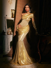 One Shoulder Metallic Maxi Dress In Gold With Gloves